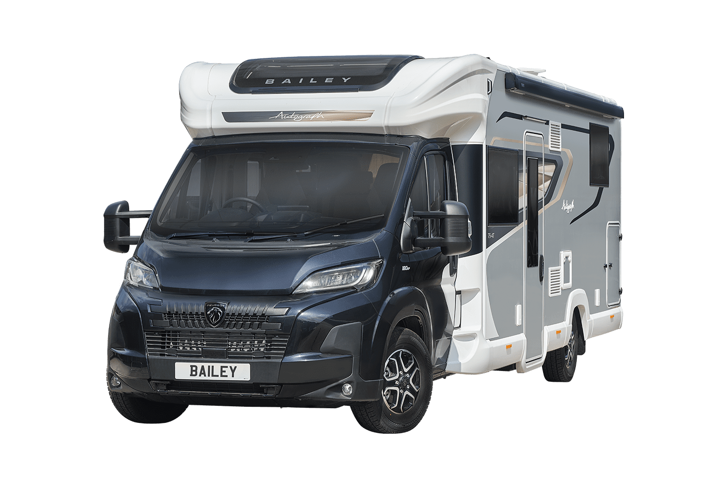 Front view of a Bailey motorhome showcasing its sleek design and modern features.