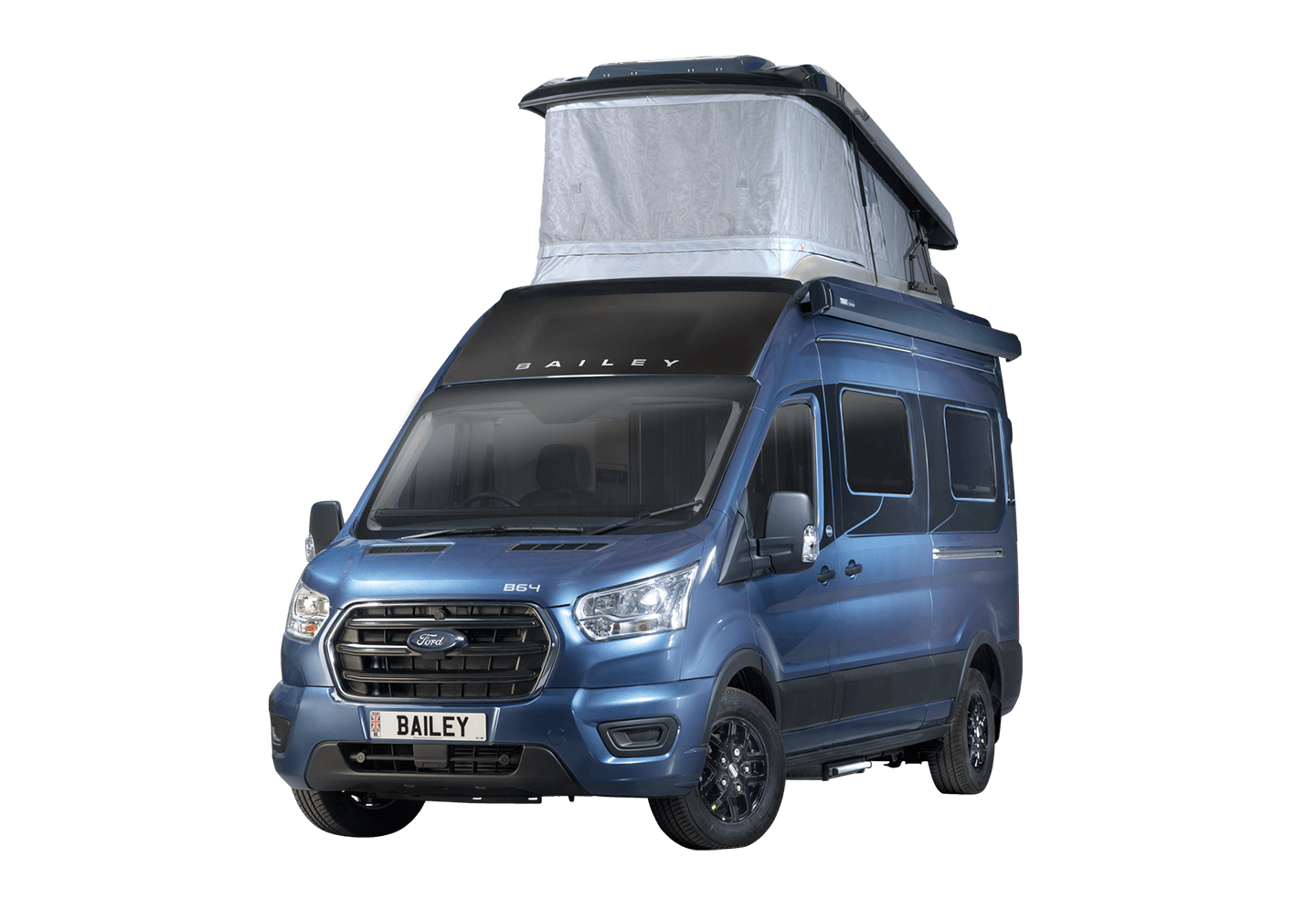 Blue Bailey motorhome featuring a pop-up roof for added space and comfort