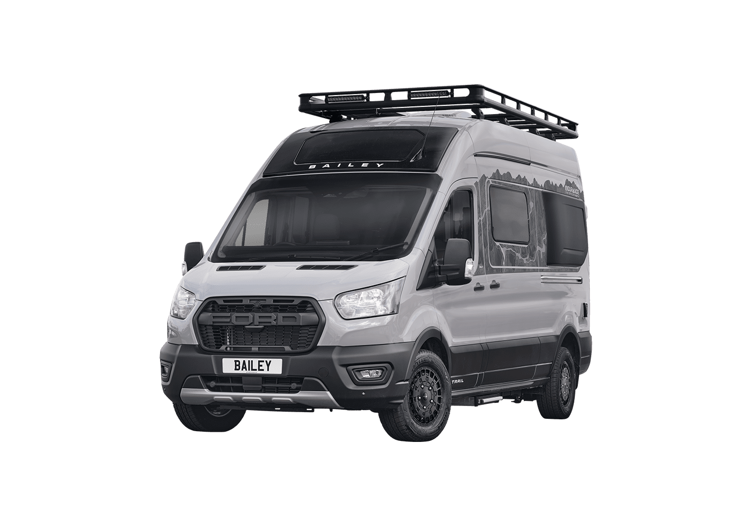 Front view of a Bailey motorhome showcasing its sleek design and rooftop storage.