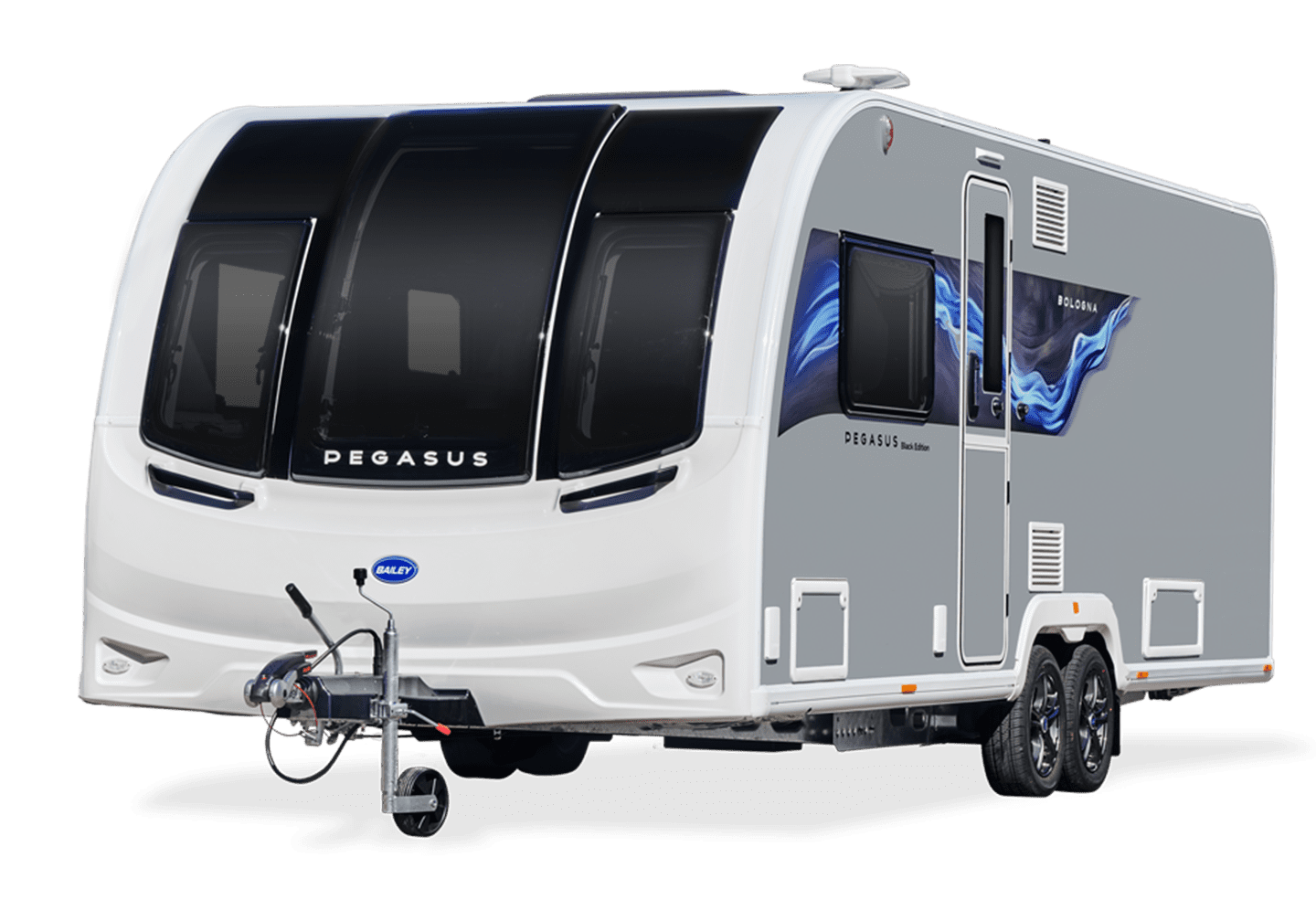 A sleek and modern Pegasus caravan with a contemporary design, featuring a gray exterior and large panoramic windows.