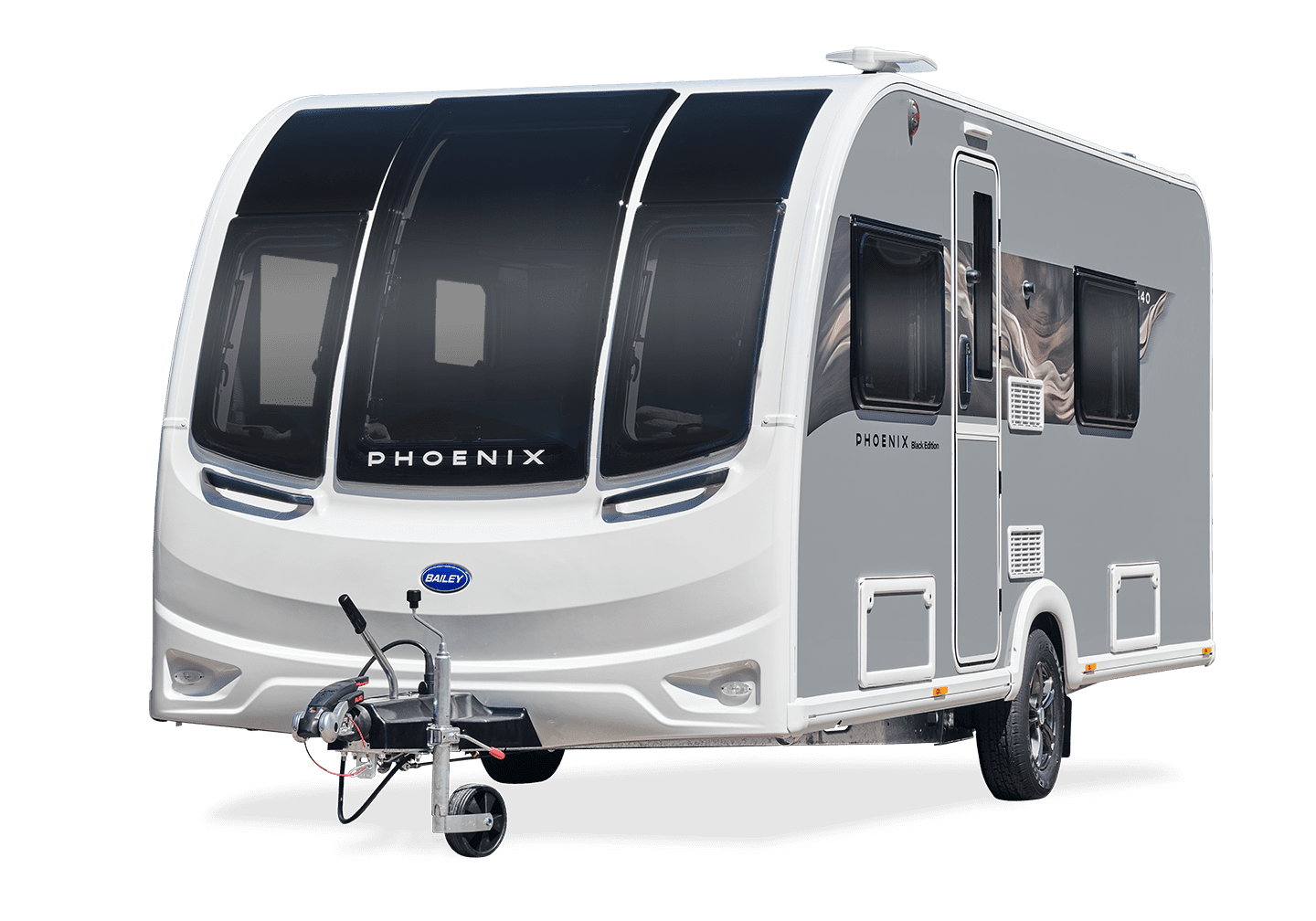 A modern Phoenix caravan featuring a stylish gray exterior and large tinted windows, ideal for travel and camping.