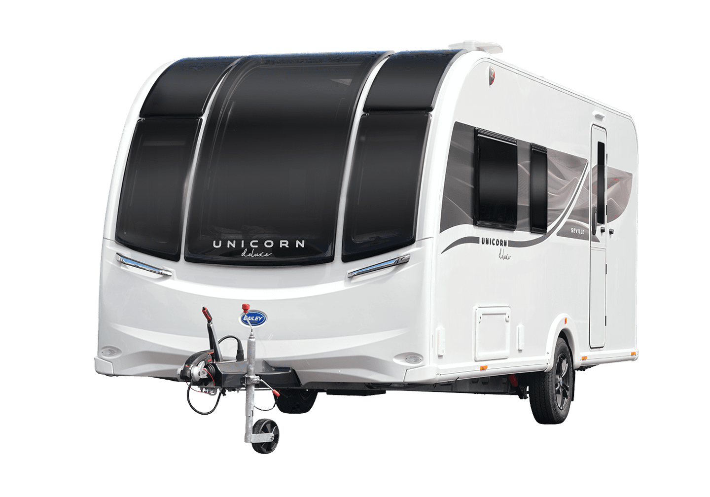 A modern caravan featuring a glossy white exterior and black accents, ideal for camping and travel.