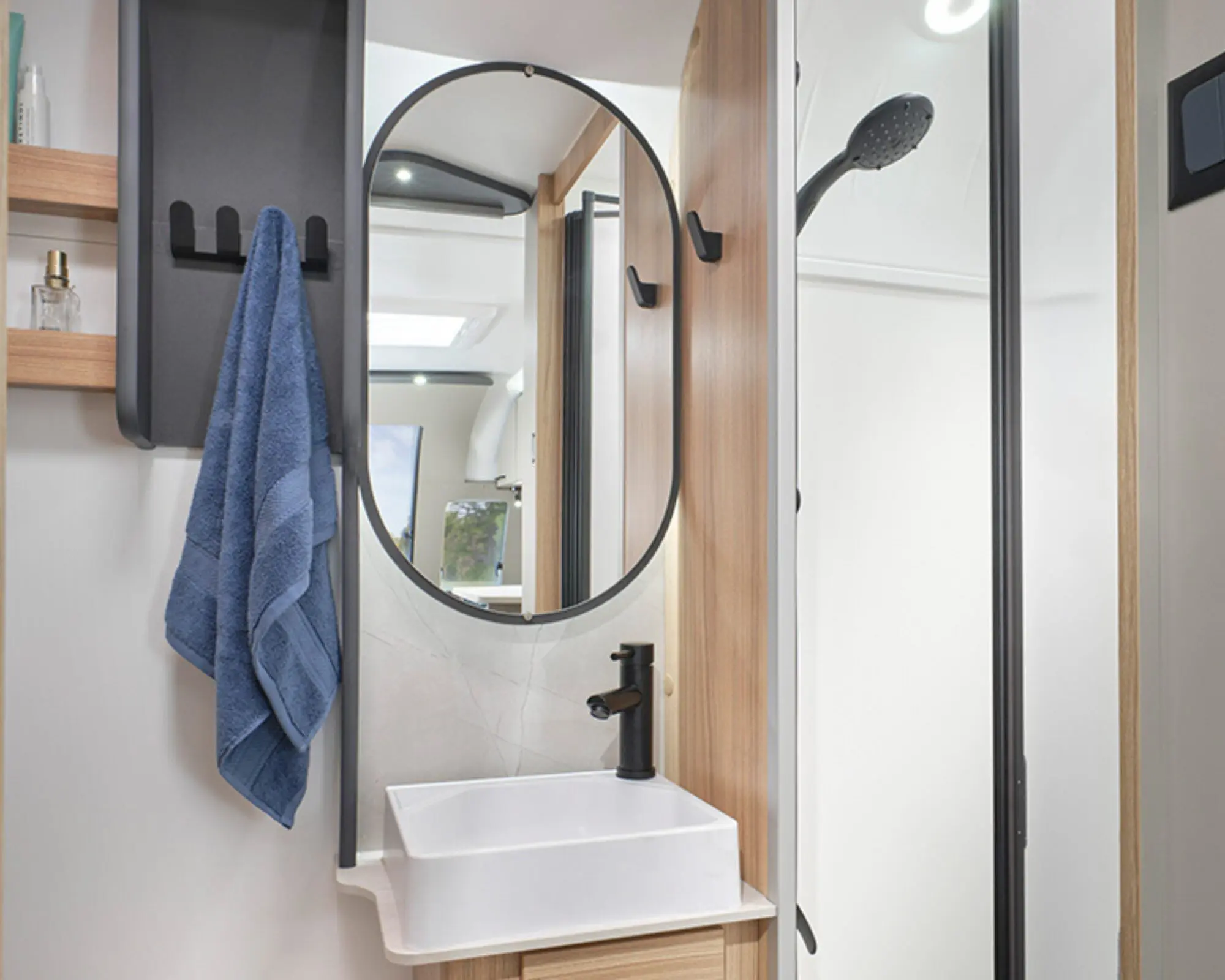 Phoenix Black Edition 420 rear washroom has a separate shower cubicle and lots of storage
