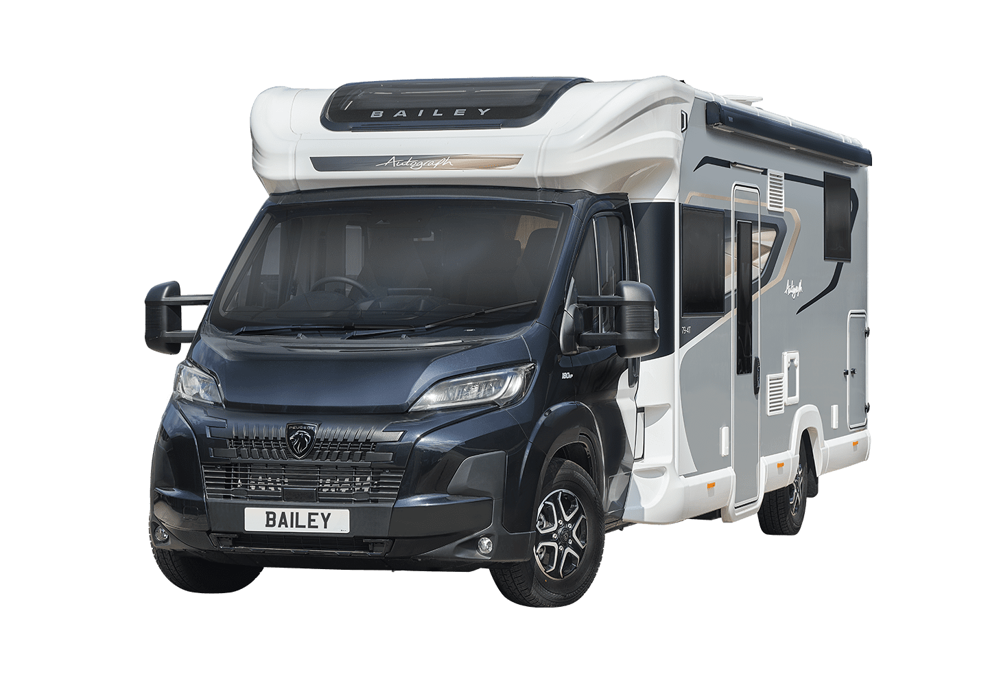 Front view of a Bailey motorhome showcasing its sleek design and modern features.