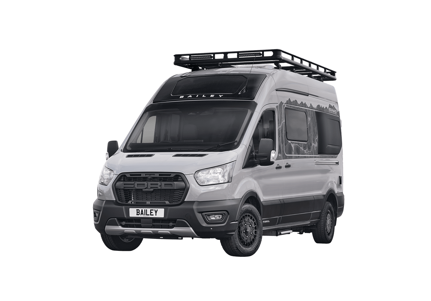 Front view of a Bailey motorhome showcasing its sleek design and rooftop storage.
