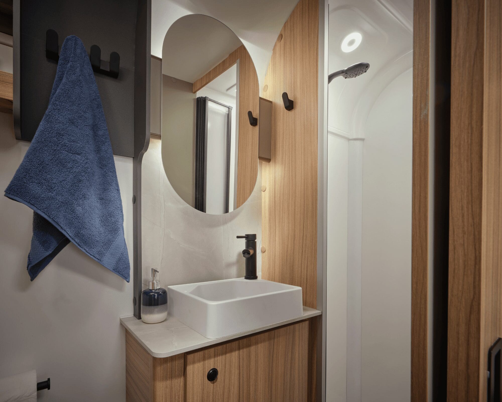 Stylish bathroom design featuring a shower, sink, and wooden cabinetry in a caravan.