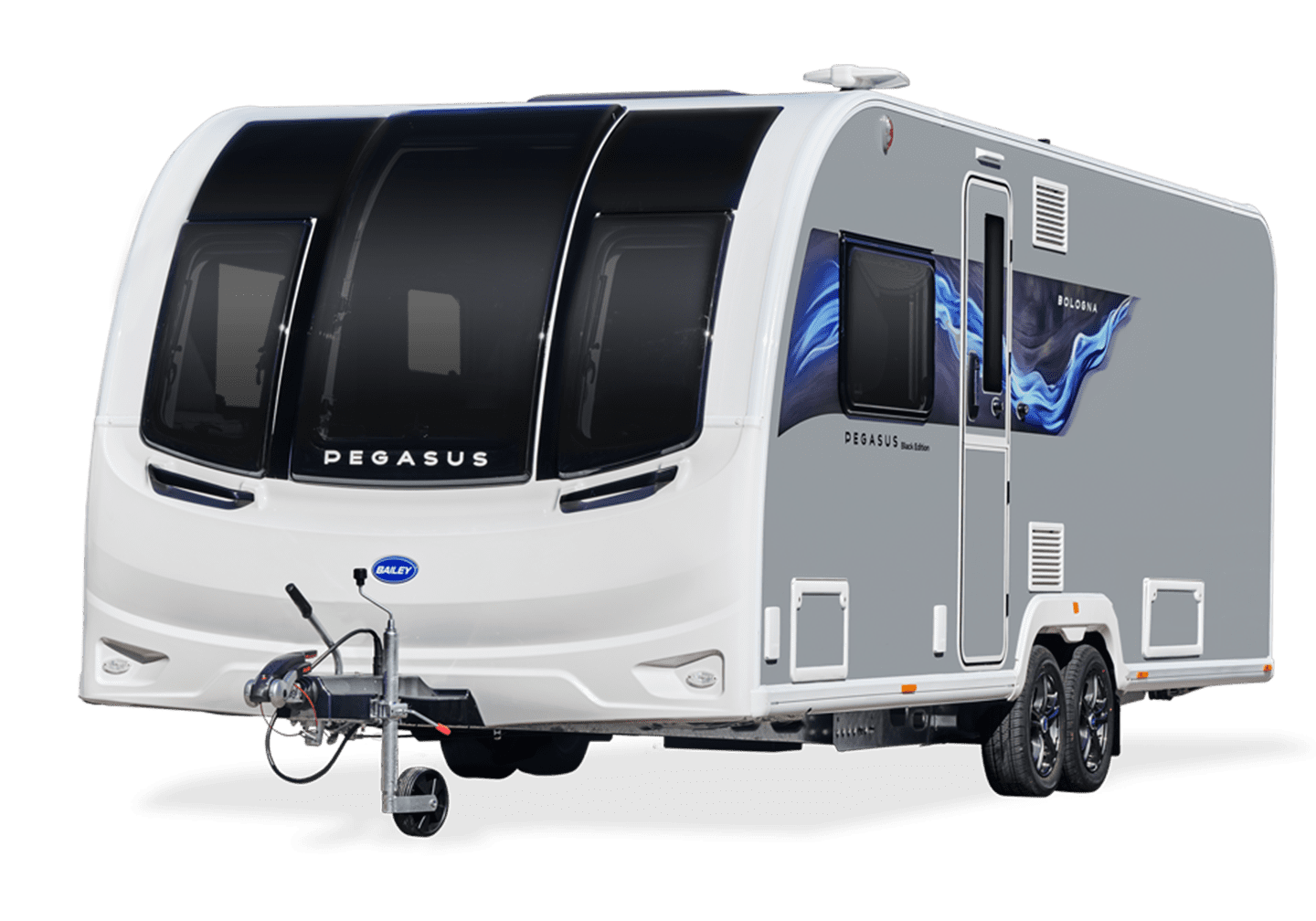 A sleek and modern Pegasus caravan with a contemporary design, featuring a gray exterior and large panoramic windows.