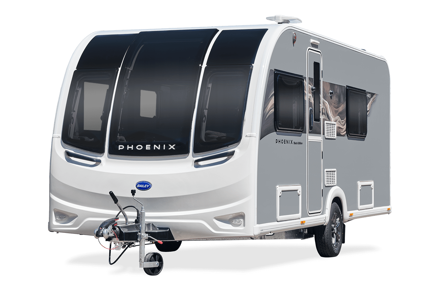 A modern Phoenix caravan featuring a stylish gray exterior and large tinted windows, ideal for travel and camping.