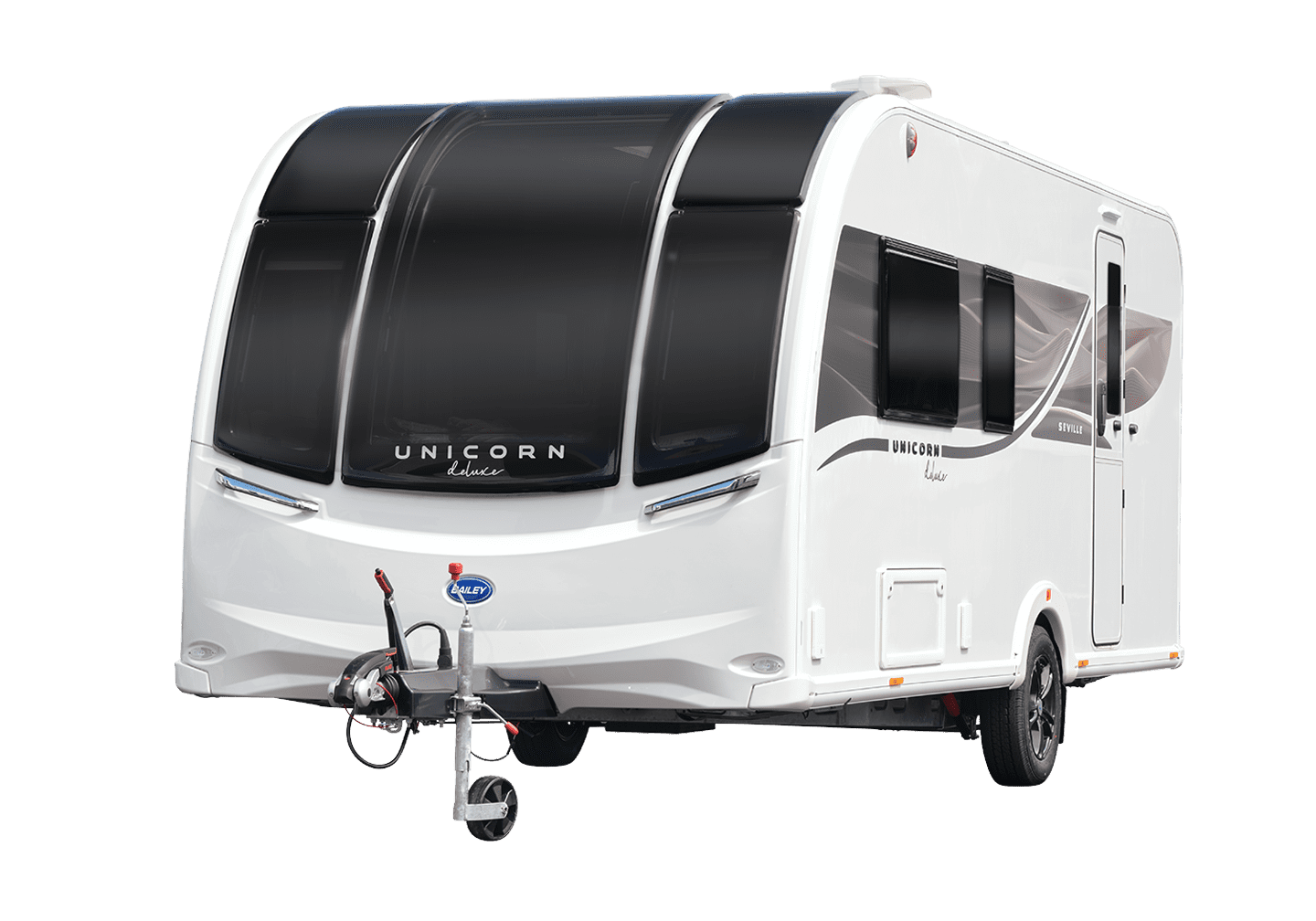 A modern caravan featuring a glossy white exterior and black accents, ideal for camping and travel.