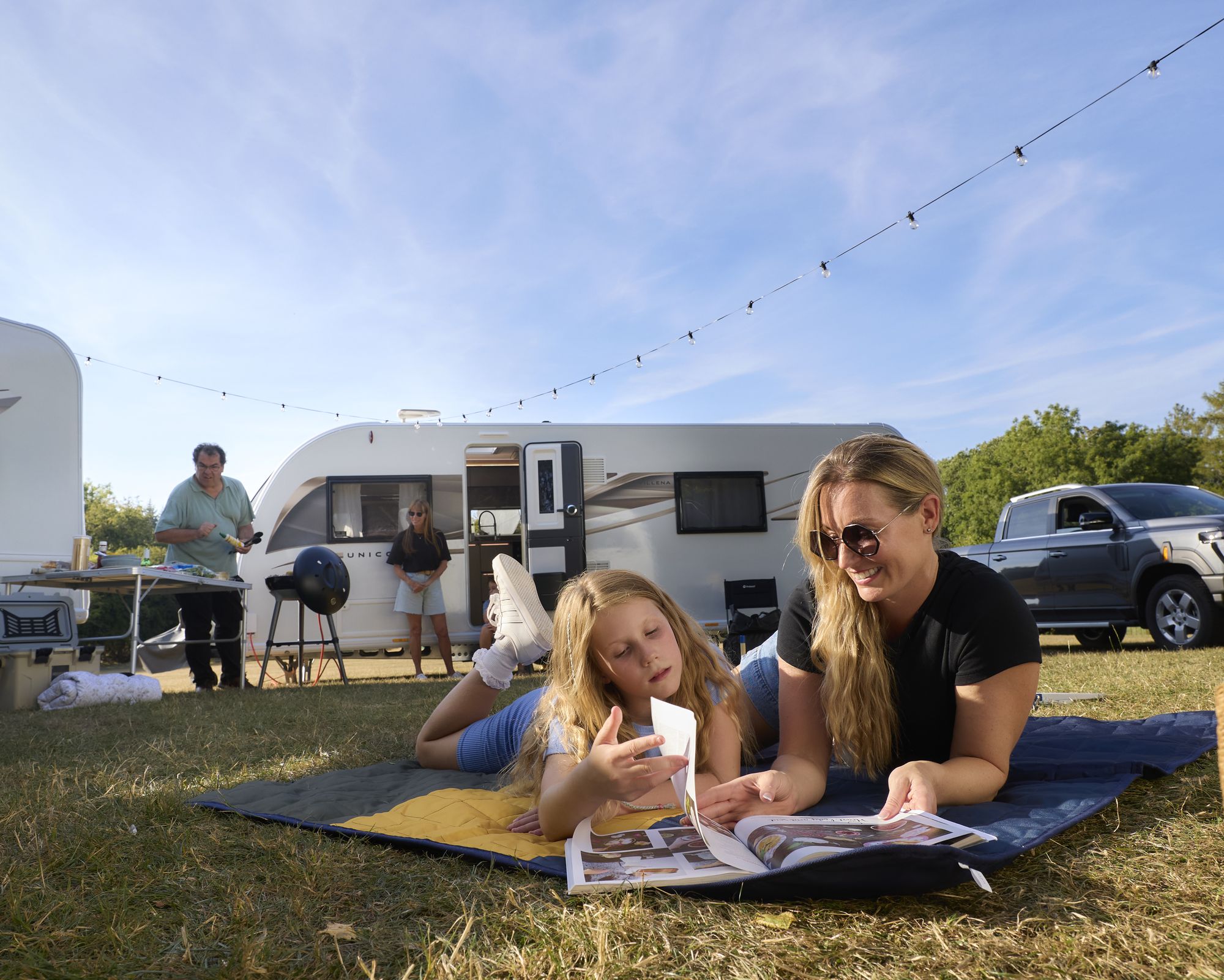 Picnic on the pitch next to a Bailey Unicorn Grande 2027